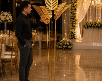 Gold Metal Leaf Wedding Decor Tall Botanical Stand Luxury Event Aisle Decor Reception Entrance Display