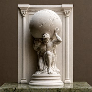 May include: A marble sculpture depicting Atlas, a muscular male figure, supporting a globe. The sculpture is set within a classical architectural frame with columns. The sculpture is off-white in color and rests on a decorative base.