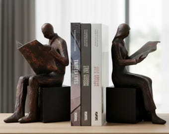 Reading Couple Bookends, Bronze Resin Book Ends, Set of 2 or Single Piece, Book Lover Gift, Shelf Decor