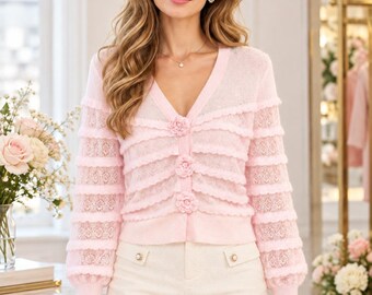 Pink Lace V-Neck Cardigan, Floral Button Knit Sweater, Cottagecore Layering Top