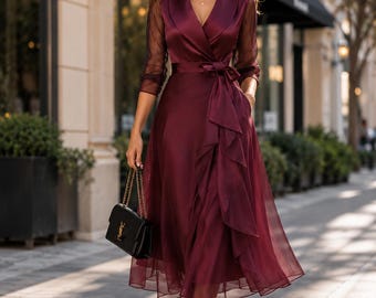 Burgundy Wrap Midi Dress, Sheer Sleeve Cocktail Party Dress, V-Neck Evening Gown