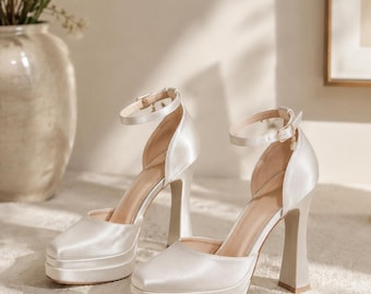 Ivory Satin Platform Heels, Chunky Heel Pumps, Ankle Strap, Pointed Toe (Bridal Style)