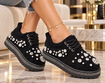 Rhinestone Crystal Platform Sneakers, Chunky Sole Fashion Shoes (Black, Red)