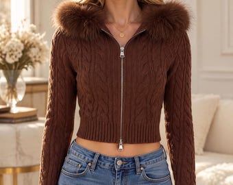 Cropped Cable Knit Cardigan | Faux Fur Collar, Zip Front Sweater
