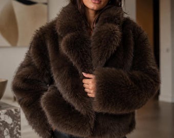 Luxury Brown Faux Fur Coat, Oversized Plush Jacket, Old Money Style Outerwear