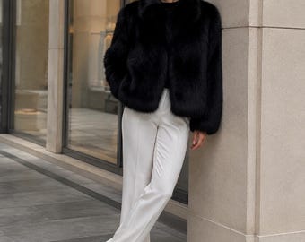 Black Faux Fur Coat | Plush Winter Jacket, Korean Streetwear Style (Plus Size)