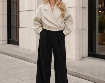Women's Beige Cropped Jacket, Oversized Lapel, Minimalist Winter Outerwear