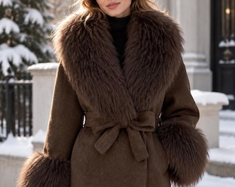 Women’s Wool Blend Coat, Faux Fur Collar, Mid-Length Winter Overcoat, Elegant Outerwear