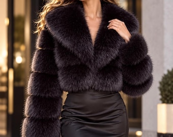 Luxury Cropped Faux Fur Jacket, Oversized Lapel Collar, Glam Winter Outerwear