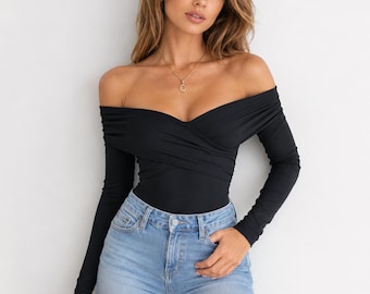 Women’s Off Shoulder Blouse Long Sleeve Slim Fit Top, Elegant Lady Fashion Pullover Shirt