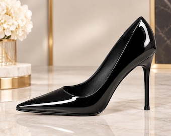 Glossy Patent Leather Pointed Toe Pumps, Stiletto Heels, Elegant Dress Shoes