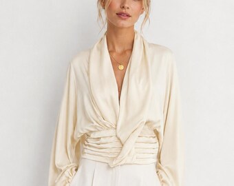 Women's Satin Pleated Blouse – Elegant V-Neck Batwing Sleeve Top