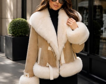 Women's Faux Fur Collar Shearling Jacket, Vintage Buckle Coat, Luxury Winter Outerwear