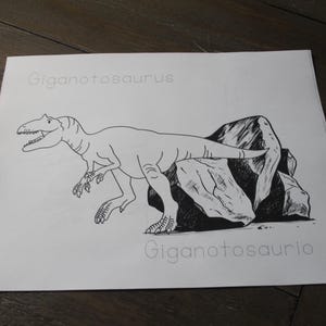 Puede incluir: Ilustraci&oacute;n en blanco y negro de un dinosaurio Giganotosaurus. El dinosaurio se representa de perfil, con la boca abierta y las garras visibles. La palabra "Giganotosaurus" est&aacute; escrita encima del dinosaurio, y "Giganotosaurio" debajo.