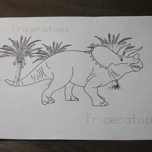Puede incluir: Un dibujo lineal en blanco y negro de un dinosaurio Triceratops con la palabra "Triceratops" arriba y abajo de la imagen. El dinosaurio est&aacute; representado con tres cuernos, un volante y palmeras en el fondo.