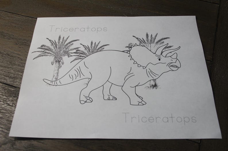 Puede incluir: Un dibujo lineal en blanco y negro de un dinosaurio Triceratops con la palabra "Triceratops" arriba y abajo de la imagen. El dinosaurio est&aacute; representado con tres cuernos, un volante y palmeras en el fondo.