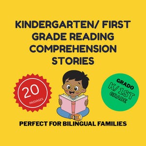 Puede incluir: Un fondo amarillo con texto que dice "KINDERGARTEN/ FIRST GRADE READING COMPREHENSION STORIES". Una ilustración de un niño leyendo un libro está en el centro. Hay 20 pasajes. El texto también dice "K/1ST GRADE".
