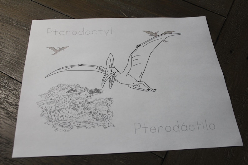 Puede incluir: Ilustraci&oacute;n en blanco y negro de un Pterod&aacute;ctilo en vuelo, con la palabra "Pterodactyl" encima. Un dibujo detallado de un paisaje est&aacute; debajo del Pterod&aacute;ctilo.