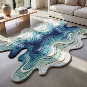 Abstract Ocean Wave Tufted Rug, Irregular Shape Sculptural Carpet, New Zealand Wool Home Decor