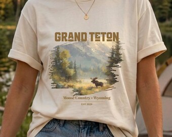 Grand Teton Moose Country T Shirt, Wyoming Souvenir, Painterly Landscape, Wildlife Graphic Tee