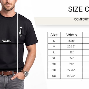 May include: A black short-sleeve t-shirt labeled Comfort Colors 1717. A size chart displays width and length measurements in inches for sizes S through 4XL, ranging from 18.25 inches to 29.75 inches in width and 26.6 inches to 33.5 inches in length.