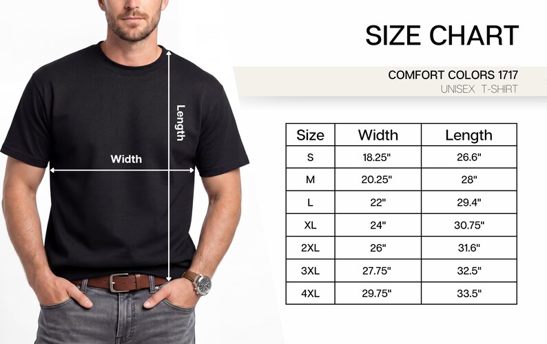 May include: A black short-sleeve t-shirt labeled Comfort Colors 1717. A size chart displays width and length measurements in inches for sizes S through 4XL, ranging from 18.25 inches to 29.75 inches in width and 26.6 inches to 33.5 inches in length.