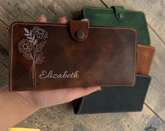 Personalized Leather Birth Flower Wallet, Custom Name Engraved Womens Bifold
