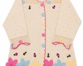 NWT Storybook Knits Womens Floral Cardigan Sweater – Cream Knit with 3D Flowers, Bees & Ladybugs – Size Small