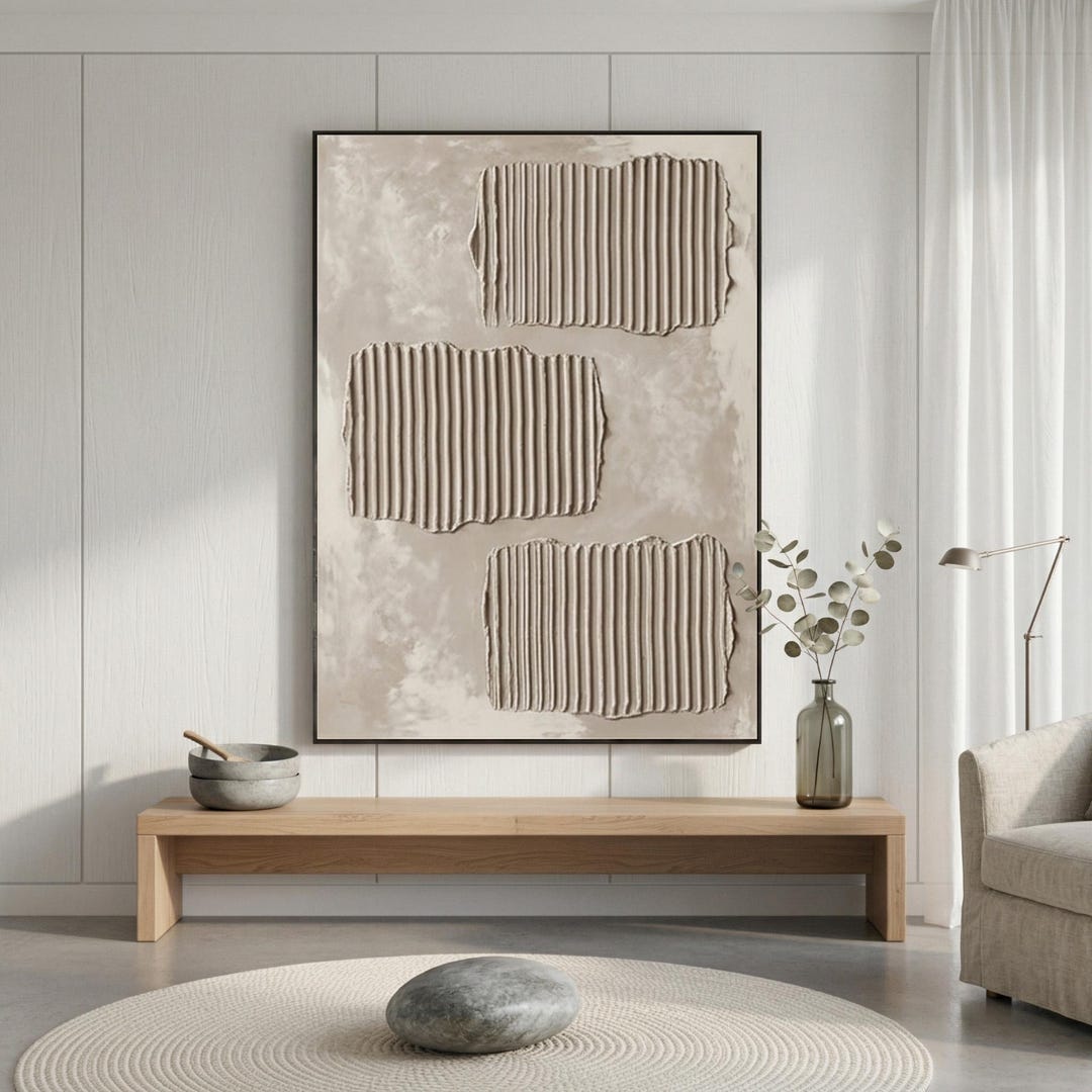 3D Textured Beige Abstract Oil Painting Minimalist Wabi Sabi Wall Art ...