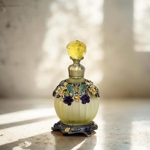 May include: A decorative perfume bottle with a yellow faceted stopper. The bottle is pale green with a floral and butterfly design in gold, purple, and green. The base is ornate with a matching color scheme.