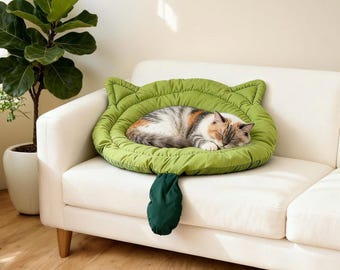 Cama para gatos de hojas de doble cara con orejas o cola / Alfombra suave reversible / Cama hecha a mano para gatos y gatitos