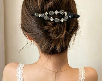 Vintage Rhinestone Hair Claw, Elegant Black Acetate Hair Clip for Women