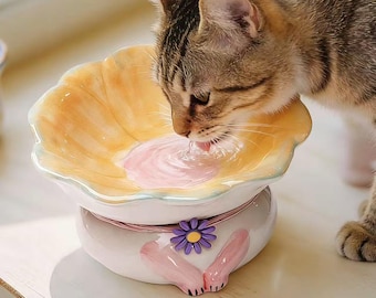 Grillige bloem voerbak, handgemaakte keramische voerbak voor hondenvoer, verhoogde huisdierschaal voor kleine huisdieren, cadeau kattenliefhebber, voerstation voor huisdieren