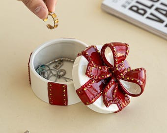 Caja de regalo de cerámica brillante para guardar joyas con lazo decorativo, soporte para anillos, pendientes y collares, joyero, regalo para novia.