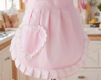 Roze halflange schort met ruches en hartzakje, schattig schort met kanten taille voor dames | Rosa Halbschürze met Herz-Tasche