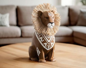 Tribal leeuwbeeldhouwwerk – Handgemaakte decoratieve dierenkunst voor modern interieur