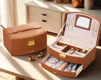 Caja de lujo de PU con cerradura y espejo, organizador de joyas de 3 niveles con cajones, estuche portátil para anillos, pendientes y collares.
