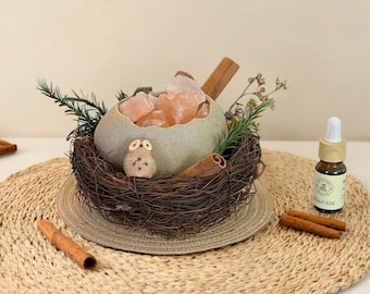 Set diffusore di aromi in pietra stile boho - Sale rosa naturale in vaso di ceramica con cannella e verde - Supporto rustico in rattan per camera da letto/soggiorno