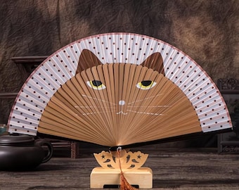 Cat Face Bamboo Folding Handheld Fan | Cat Lover Gift Cute Folding Fan