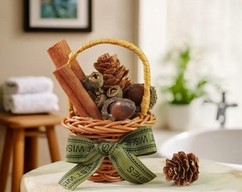 Mini cesta de Pascua de ratán, ambientador con flores secas naturales y ramas de canela, versátil para aromaterapia en coche, armario y escritorio.