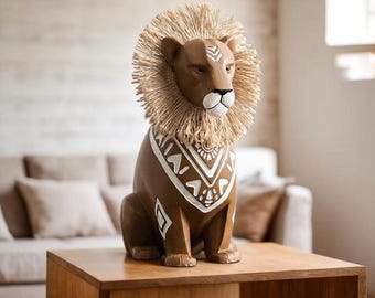 Escultura de león tribal: arte animal decorativo hecho a mano para la decoración moderna del hogar.