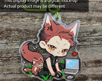 May include: A clear acrylic keychain featuring a cartoon character with reddish-brown hair and fox-like ears, sitting next to a small fox creature and a laptop. The text reads: This display image is a digital mock-up. Actual product may be different.