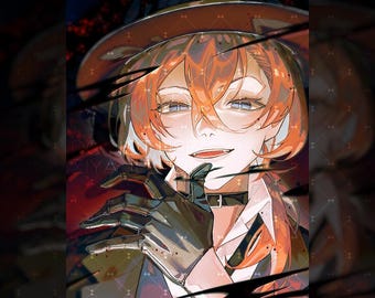 May include: Anime-style illustration of a character with orange hair and a black hat. The character wears a black choker, gloves, and a suit. The background is a dark red with black accents, creating a dramatic effect.