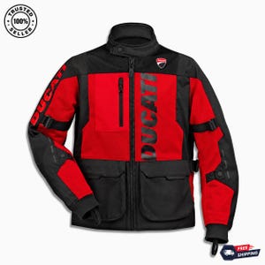May include: A black and red motorcycle jacket featuring the Ducati logo on the chest and sleeve. The jacket includes a high collar with a snap closure, a vertical zippered chest pocket, two large lower front pockets, and adjustable straps on the arms.