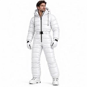 May include: A white, full-body, quilted puffer snowsuit featuring a high collar, a hood with black drawstrings, and a central black zipper. The garment includes a matching white belt with a black buckle at the waist and white gloves.