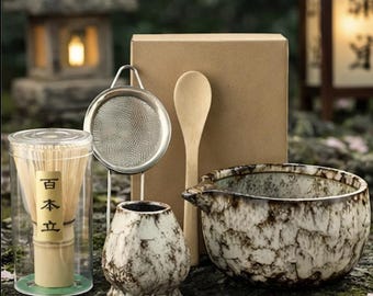Juego de té matcha japonés: batidor de bambú, cuenco, cuchara medidora, utensilios para la ceremonia.