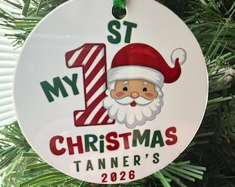 Adorno navideño personalizado - Diseño de Papá Noel - Nombre y año personalizados - Doble cara
