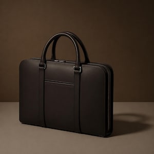 May include: A dark brown leather briefcase with a structured rectangular shape, two rounded top handles, and a full-length zip closure. The bag features vertical leather straps extending from the handles and silver-toned metal hardware.