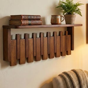 Piano Coat Rack with Shelf, Solid Wood Wall Hooks, Walnut Floating Entryway Organizer