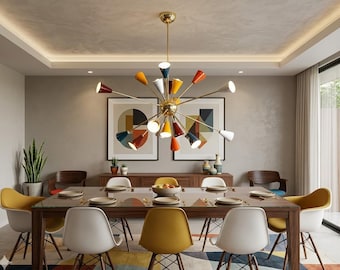 Mid Century Multicolour Sputnik Chandelier, Brass, 18-Bulb Statement Ceiling Light 42"